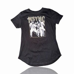 *NSYNC Graphic T-Shirt Womens Size L Black Glitter Logo 90s Pop Band Tee